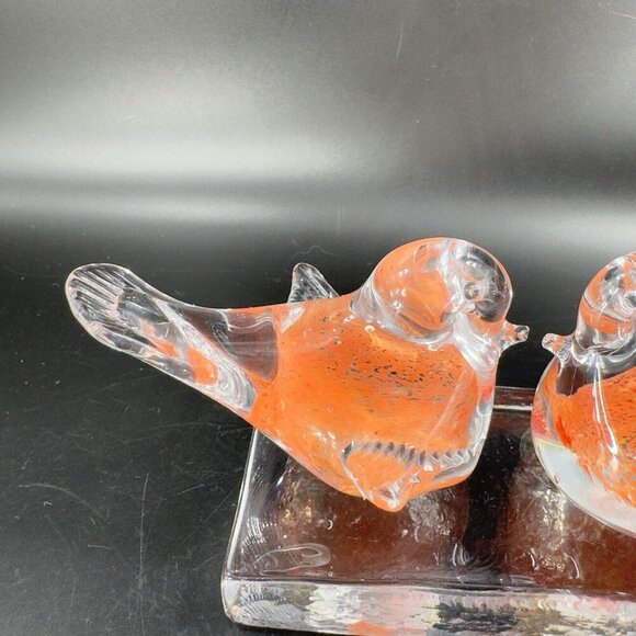 Vintage Murano ICET Hand Blown Glass Love Birds On Clear Block Sculpture Orange - Picture 10 of 14